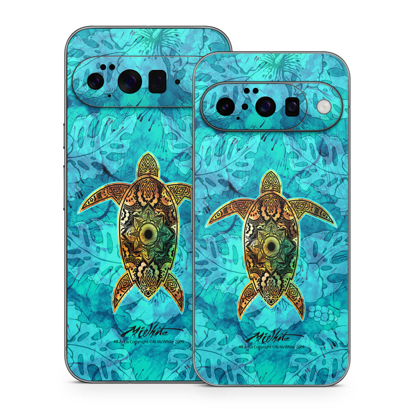 Google Pixel 10 Series Skin design of Sea turtle, Green sea turtle, Turtle, Hawksbill sea turtle, Tortoise, Reptile, Loggerhead sea turtle, Illustration, Art, Pattern, with blue, black, green, gray, red colors