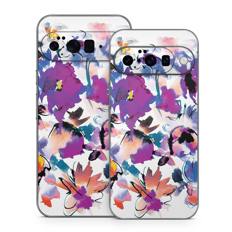 Google Pixel 10 Series Skin design of Product, Purple, Illustration, Graphic design, Plant, Clip art, Flower, Graphics, Wildflower, Watercolor paint, with white, purple, pink, yellow, blue, black colors