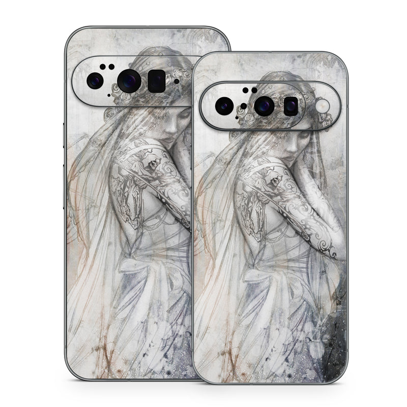 Google Pixel 10 Series Skin design of Lady, Art, Illustration, Drawing, Painting, Sketch, Mythology, Figure drawing, Long hair, Visual arts, with white, gray, black colors