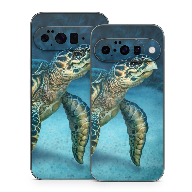 Google Pixel 10 Series Skin design of Water, Nature, Organism, Reptile, Turtle, Hawksbill sea turtle, Underwater, Wildlife, Sea turtle, Reef, with green, gray, blue, white colors