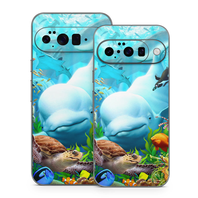 Google Pixel 10 Series Skin design of Green, Blue, Azure, Natural environment, Underwater, Organism, Mammal, Art, Marine biology, Aqua, with blue, green, red, white, brown, yellow, orange, blue colors