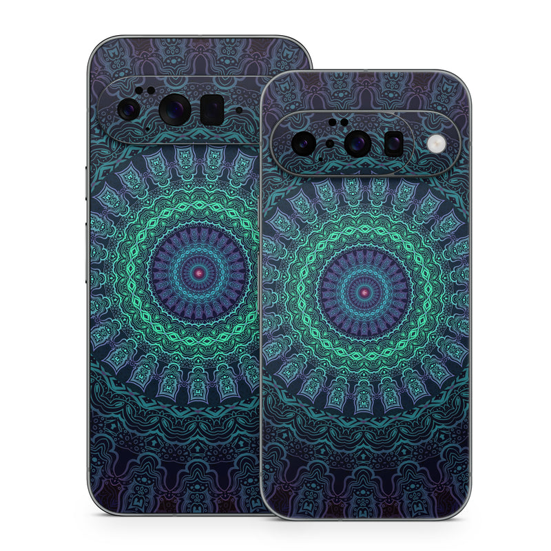 Google Pixel 10 Series Skin design of Colorfulness, Blue, Green, Pattern, Teal, Turquoise, Art, Electric Blue, Aqua, Circle, Majorelle Blue, Visual Arts, Fractal Art, Design, Symmetry, Psychedelic Art, Graphics, Kaleidoscope, Motif, with black, green, red colors