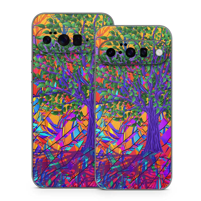 Google Pixel 10 Series Skin design of Psychedelic art, Pattern, Visual arts, Art, Plant, Acrylic paint, Modern art, with green, purple, orange, blue, purple, yellow, red colors