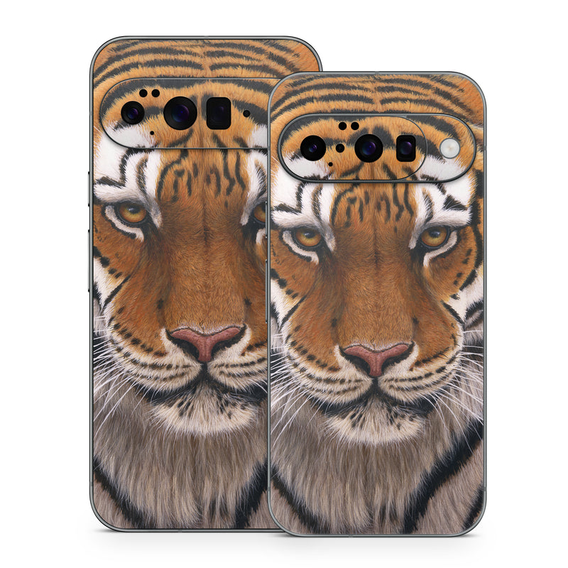 Google Pixel 10 Series Skin design of Tiger, Mammal, Wildlife, Terrestrial animal, Vertebrate, Bengal tiger, Whiskers, Siberian tiger, Felidae, Snout, with black, gray, red, green, pink colors