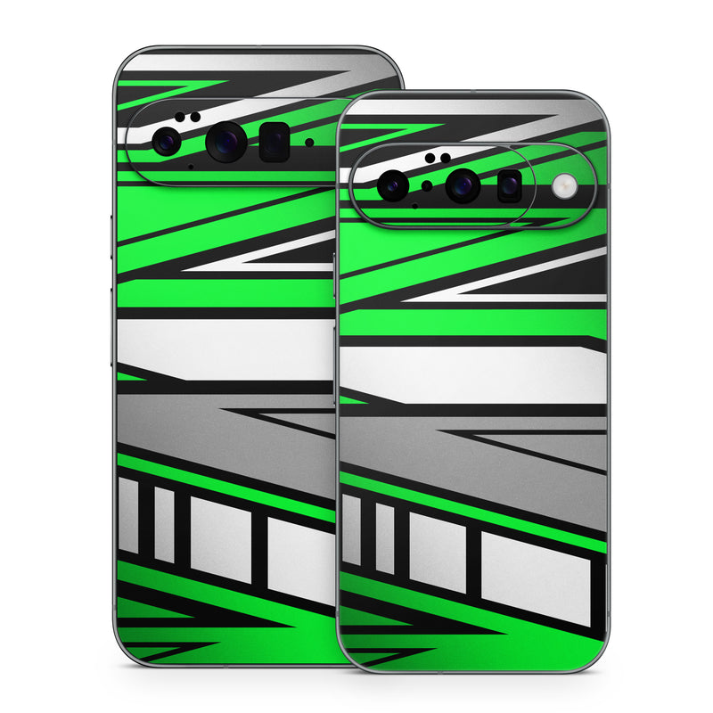 Google Pixel 10 Series Skin design of Colorfulness, Green, Rectangle, Slope, Font, Line, Material property, Parallel, Tints and shades, Graphics, with black, green, white, gray colors