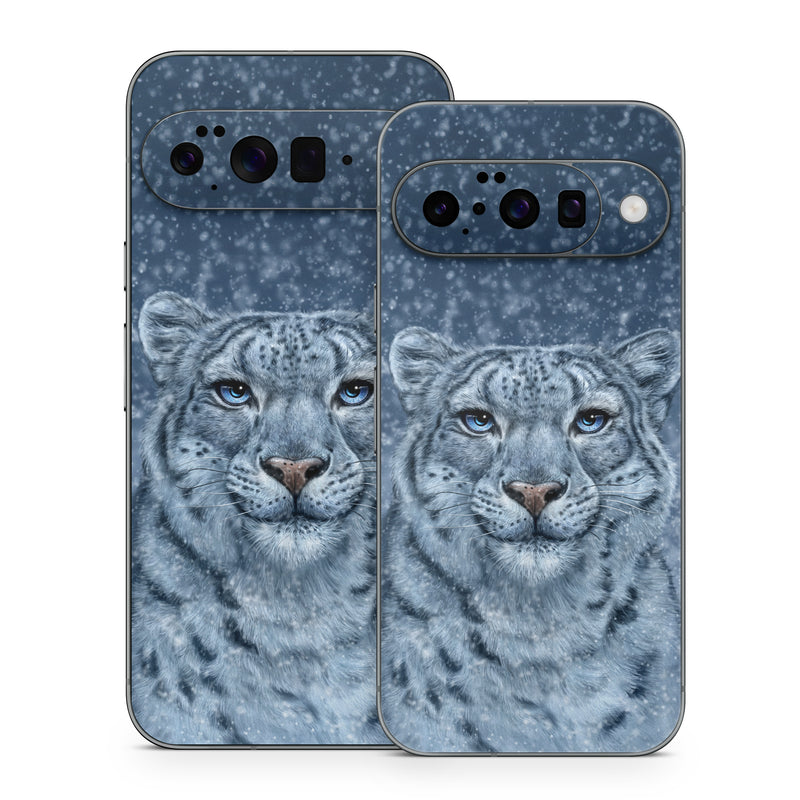 Google Pixel 10 Series Skin design of Snow, Carnivore, Felidae, Whiskers, Terrestrial animal, Snout, Big cats, Painting, Fur, Illustration, with white, black, blue, gray colors