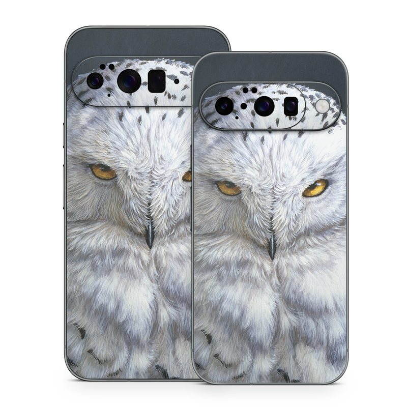 Google Pixel 10 Series Skin design of Owl, Bird, Bird of prey, Snowy owl, great grey owl, Close-up, Eye, Snout, Wildlife, Eastern Screech owl, with gray, white, black, blue, purple colors
