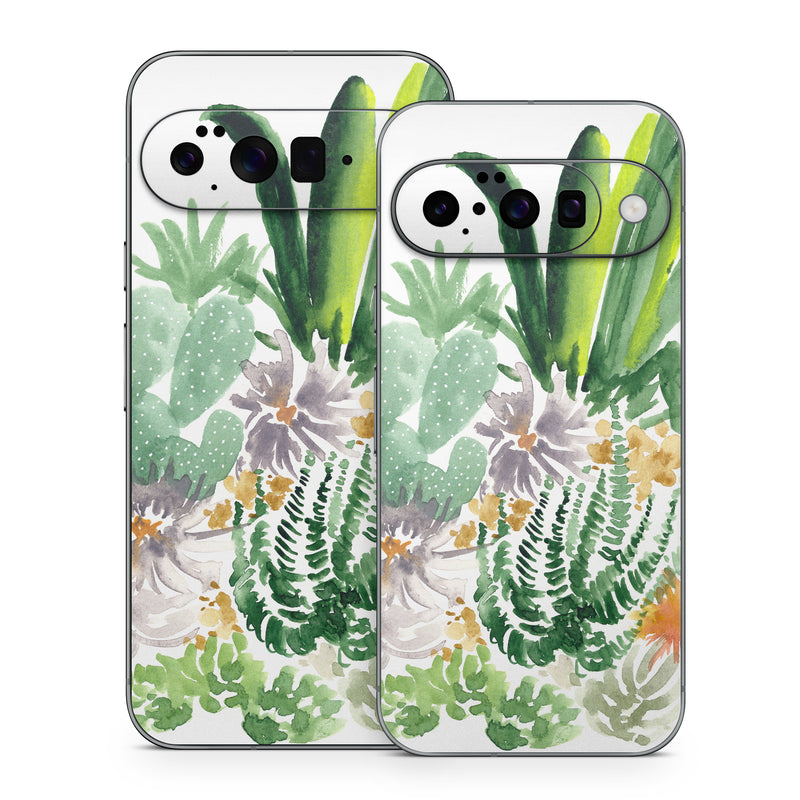 Google Pixel 10 Series Skin design of Cactus, Plant, Flower, Botany, Leaf, Illustration, Pine, Grass, Succulent plant, Branch, with white, green, red, orange colors