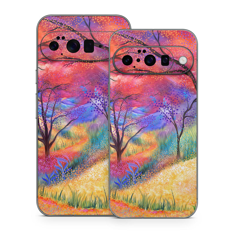 Google Pixel 10 Series Skin design of Plant, Art paint, Paint, Botany, Natural environment, Natural landscape, Leaf, Branch, People in nature, Tree, with red, blue, yellow, green, purple, orange, black, white colors