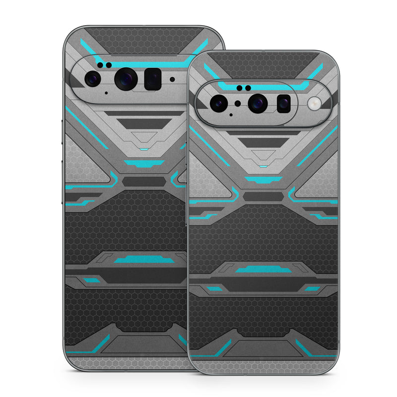 Google Pixel 10 Series Skin design of Blue, Turquoise, Pattern, Teal, Symmetry, Design, Line, Automotive design, Font, with black, gray, blue colors