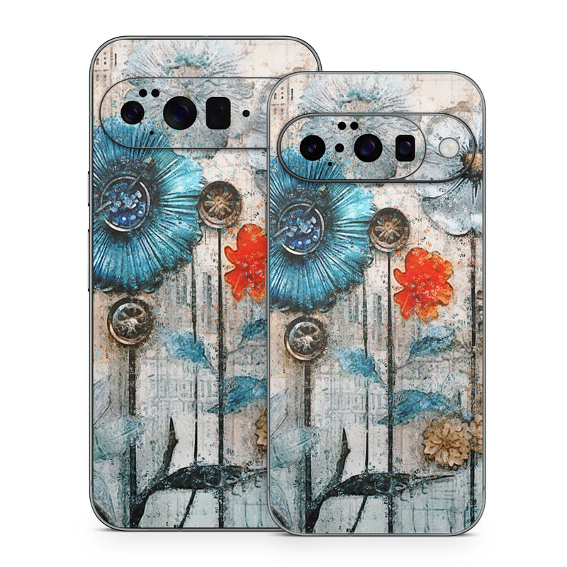 Google Pixel 10 Series Skin design of Plant, Blue, Petal, Textile, Paint, Flower, Art, Creative arts, Pattern, Rectangle, with white, brown, black, yellow, blue, red, gray colors