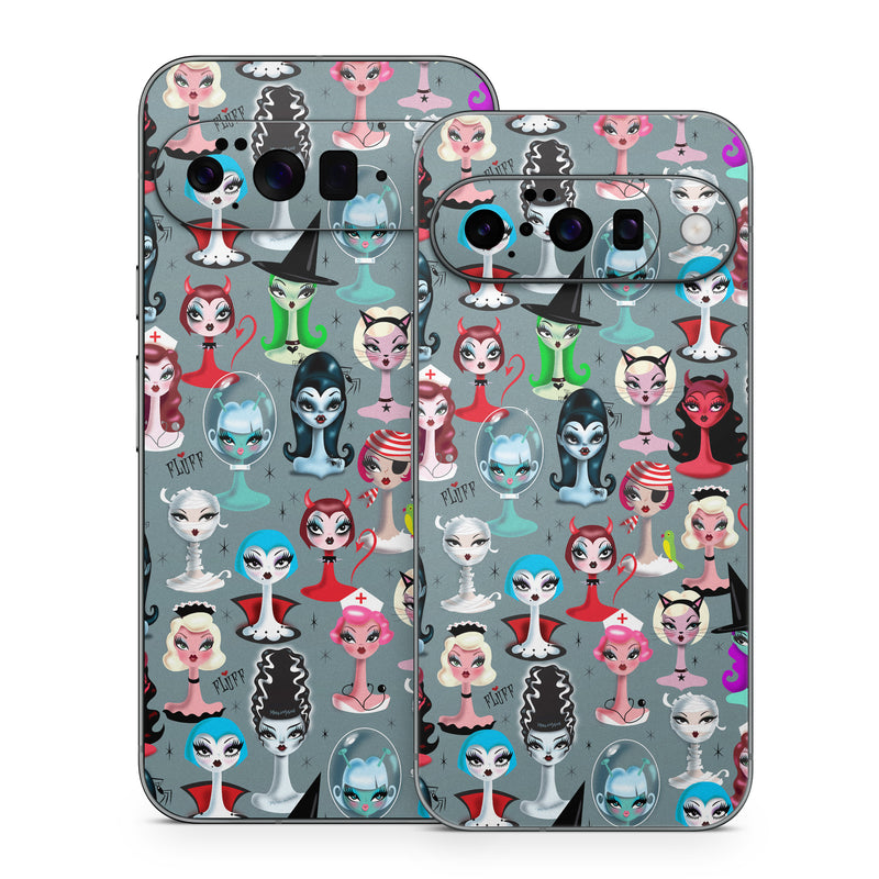 Google Pixel 10 Series Skin design of Facial expression, Head, Design, Collection, Fictional character, Pattern, Skull, Illustration, Collage, Style, with gray, white, red, blue, green, black, pink, purple colors