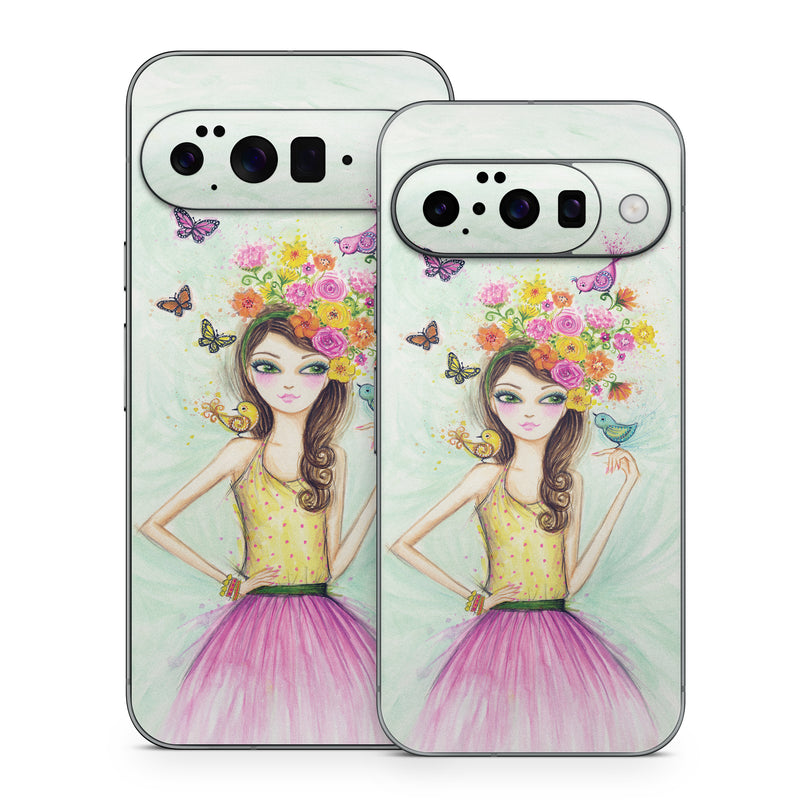 Google Pixel 10 Series Skin design of Pink, Illustration, Fashion illustration, Watercolor paint, Fictional character, Dress, Hair accessory, Wildflower, Costume, Plant, with blue, pink, yellow, orange, purple, brown, green colors