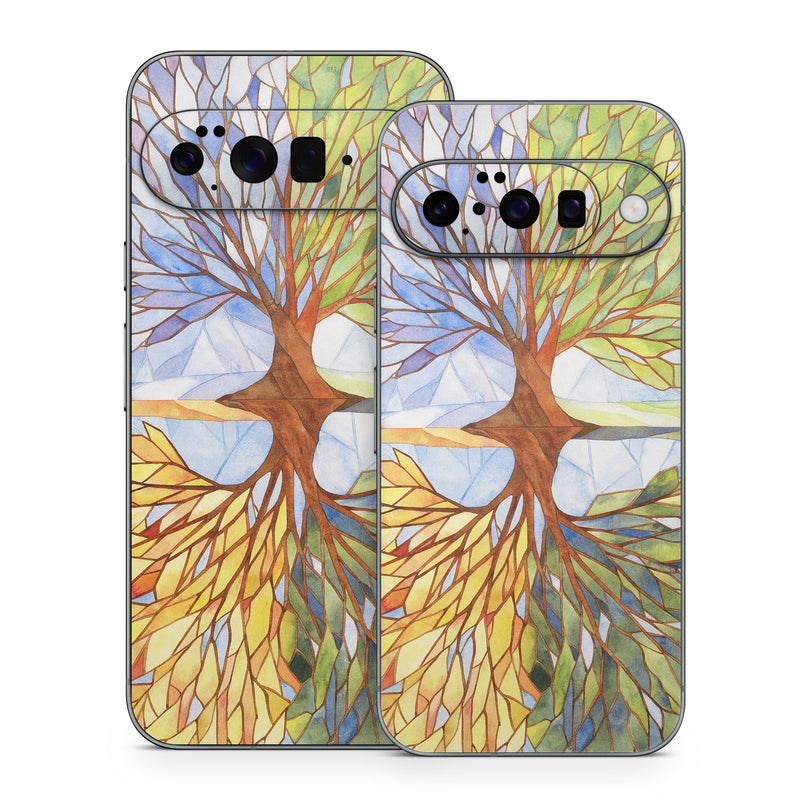 Google Pixel 10 Series Skin design of Leaf, Tree, Botany, Plant, Symmetry, Art, Pattern, Painting, Plant stem, Plane, with blue, brown, orange, yellow, red, purple colors