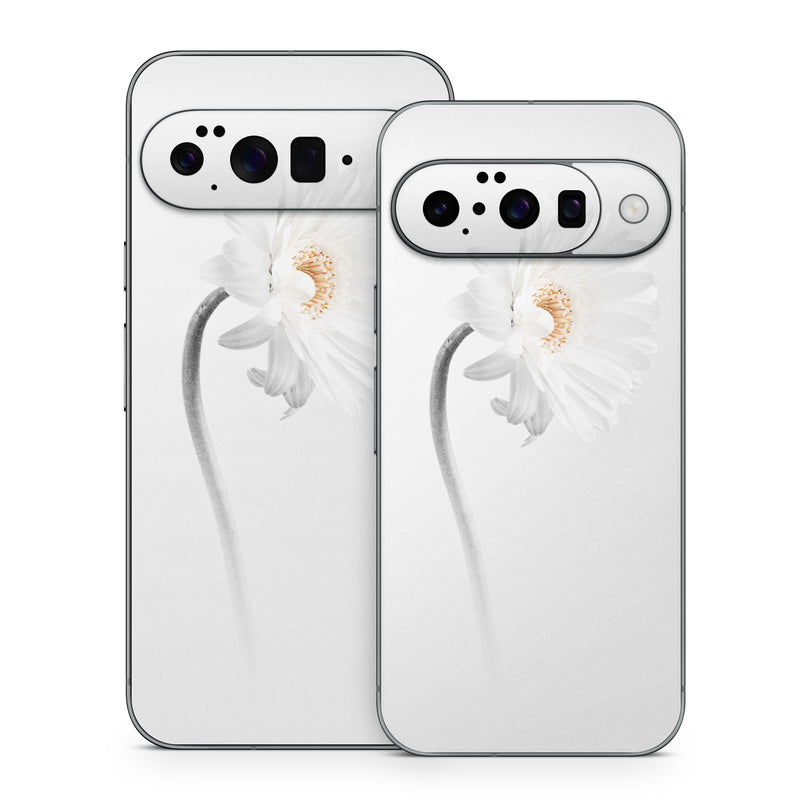 Google Pixel 10 Series Skin design of White, Hair accessory, Headpiece, Gerbera, Petal, Flower, Plant, Still life photography, Headband, Fashion accessory, with white, gray colors