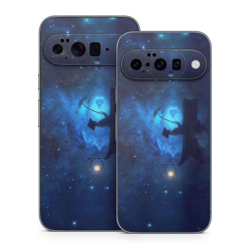 Google Pixel 10 Series Skin design of Sky, Night, Atmosphere, Light, Atmospheric phenomenon, Darkness, Screenshot, Space, Midnight, Moonlight, with white, blue, black, green, orange colors