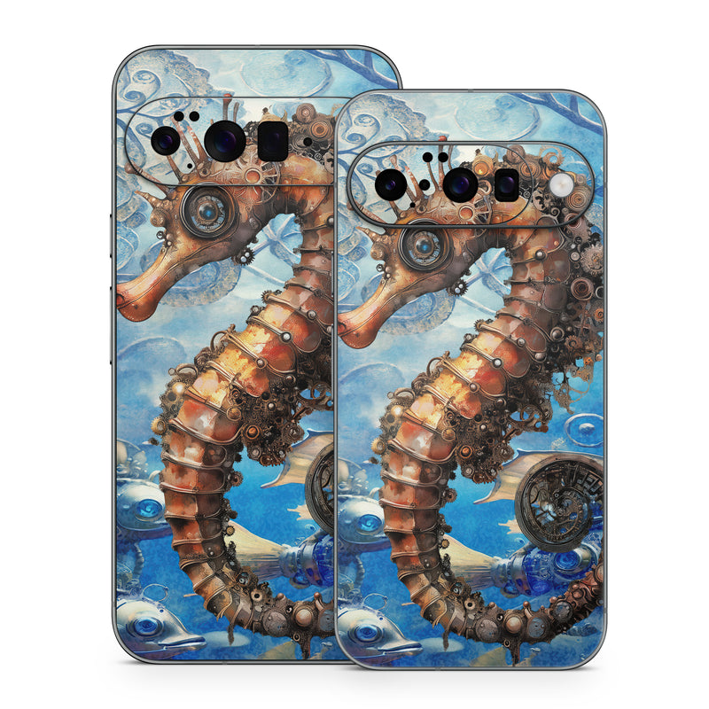 Google Pixel 10 Series Skin design of Pipefishes and allies, Northern seahorse, Fish, Marine biology, Marine invertebrates, Watercolor painting, Art Paint, Ray-finned fishes, Paint, Modern art, with blue, orange, yellow, gray, white, black, red colors