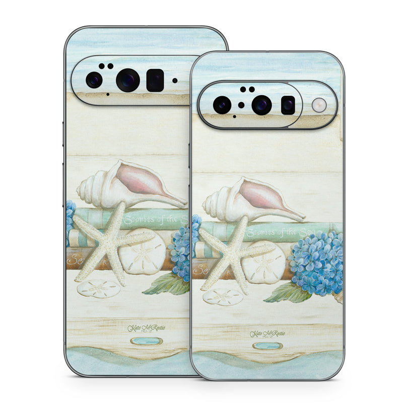 Google Pixel 10 Series Skin design of Starfish, Shell, Hydrangea, Plant, Flower, Still life, Echinoderm, Cornales, with gray, green, blue, yellow colors