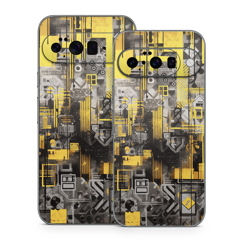 Google Pixel 10 Series Skin design of Rectangle, Yellow, Font, Art, City, Engineering, Tints and shades, Pattern, Symmetry, Space, with black, white, gray, yellow colors