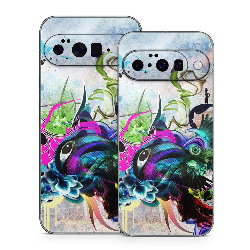 Google Pixel 10 Series Skin design of Graphic design, Psychedelic art, Art, Illustration, Purple, Visual arts, Graffiti, Street art, Design, Painting, with gray, black, blue, green, purple colors