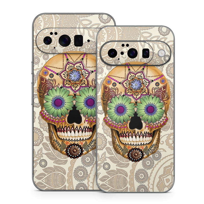Google Pixel 10 Series Skin design of Skull, Bone, Pattern, Design, Illustration, Visual arts, Fashion accessory, Art, with gray, yellow, green, black, red, pink colors