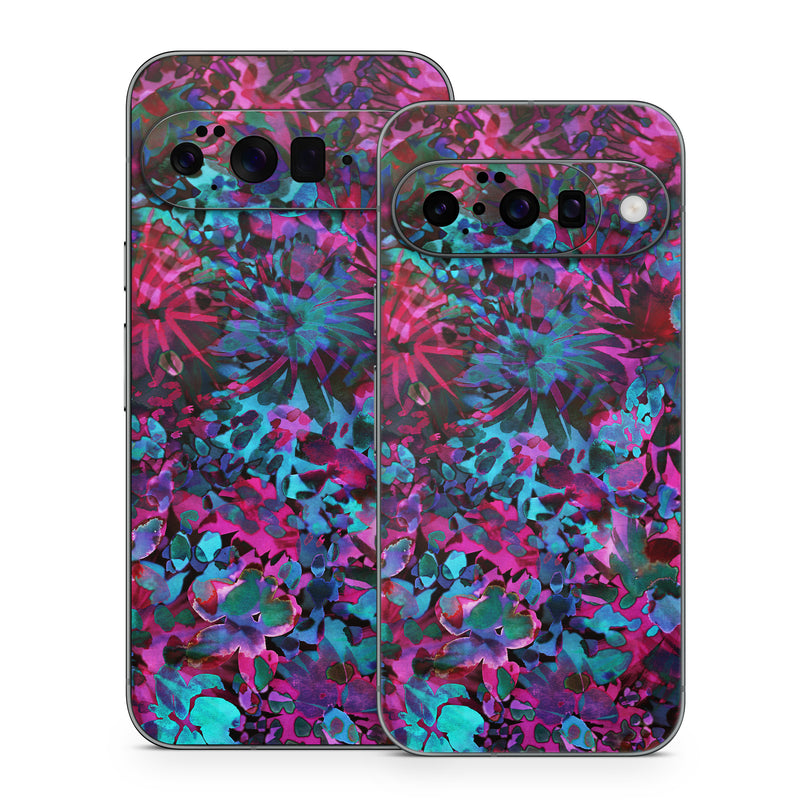 Google Pixel 10 Series Skin design of Pink, Purple, Violet, Lilac, Flower, Leaf, Plant, Magenta, Botany, Pattern, with black, pink, purple, blue, green colors