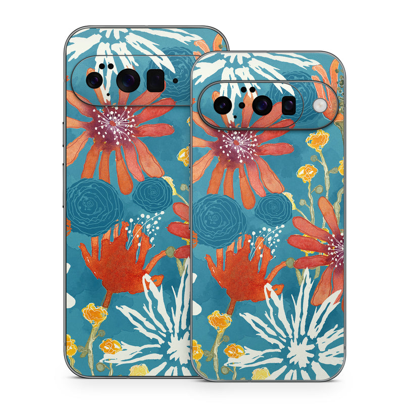 Google Pixel 10 Series Skin design of Pattern, Visual arts, Wrapping paper, Design, Wildflower, Floral design, Textile, Flower, Plant, Motif, with blue, red, gray, yellow, green colors