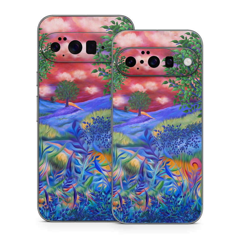 Google Pixel 10 Series Skin design of Art paint, Plant, Plant community, Paint, Natural landscape, People in nature, Vegetation, Grass, Art, Painting, with blue, red, green, orange, yellow, pink, white colors
