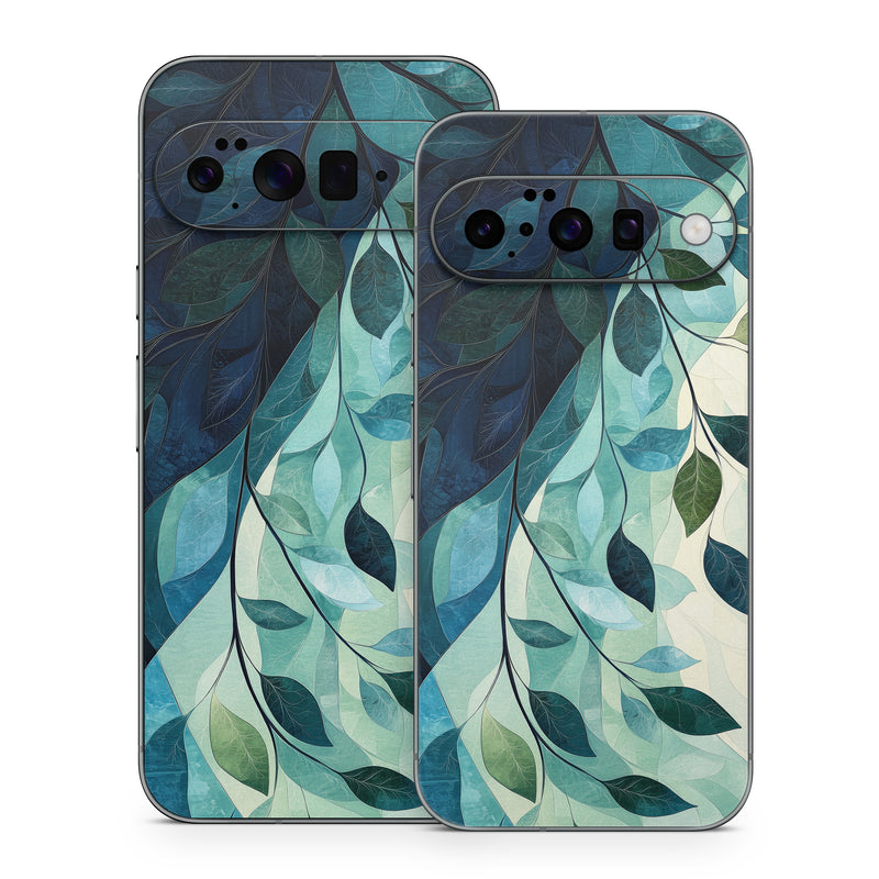 Google Pixel 10 Series Skin design of Blue, Natural material, Modern art, Wallpaper, Paint, Motif, with white, blue, green, yellow colors