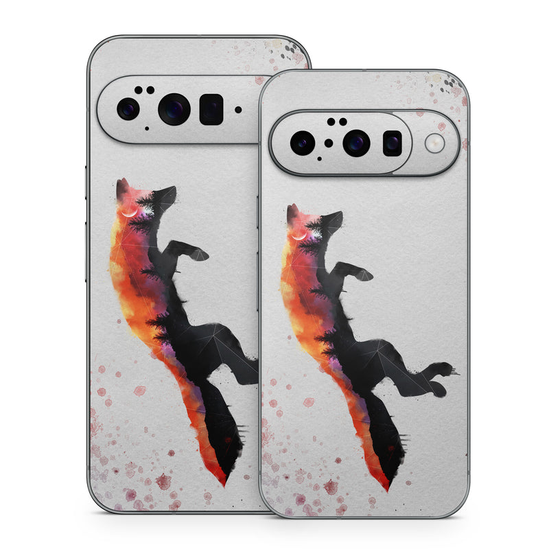 Google Pixel 10 Series Skin design of Illustration, Watercolor paint, Art, Graphic design, Painting, Red fox, Visual arts, Paint, Drawing, Tail, with gray, black, red, yellow, orange, white colors