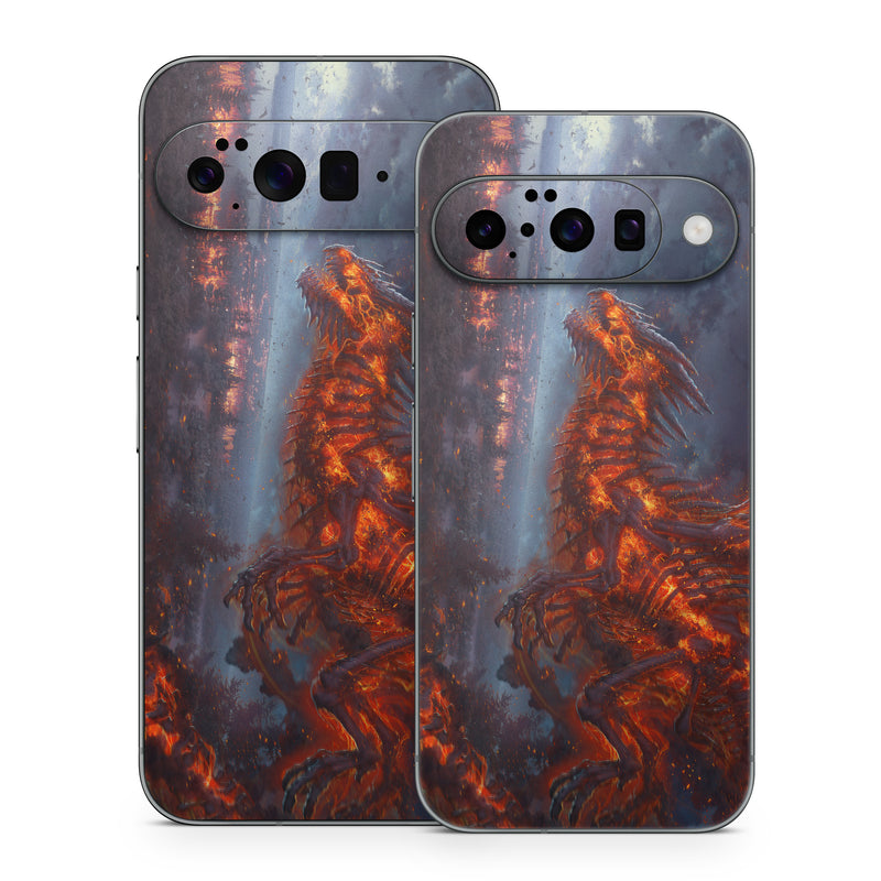 Google Pixel 10 Series Skin design of Geological phenomenon, Dragon, Cg artwork, Sky, Flame, Fictional character, Mythology, Lava, Demon, Heat, with red, blue, black colors