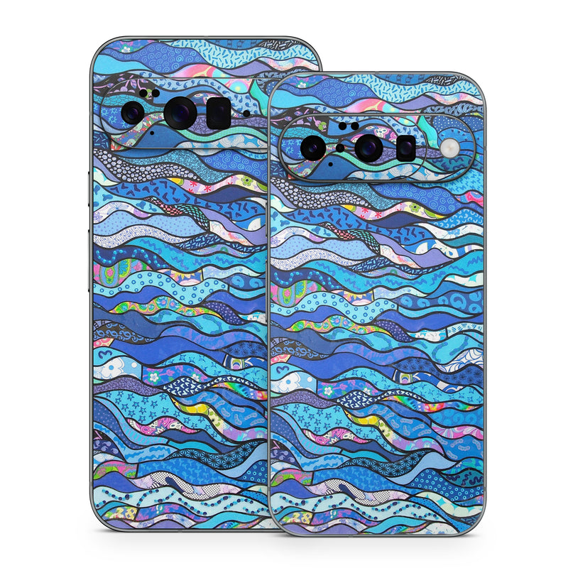 Google Pixel 10 Series Skin design of Blue, Pattern, Aqua, Water, Line, Design, Textile, Psychedelic art, Electric blue, with blue, black, gray, purple colors