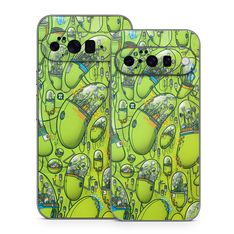 Google Pixel 10 Series Skin design of Green, Pattern, Yellow, Design, Illustration, Plant, Art, Graphic design, Urban design, with green, blue, gray, yellow, orange colors