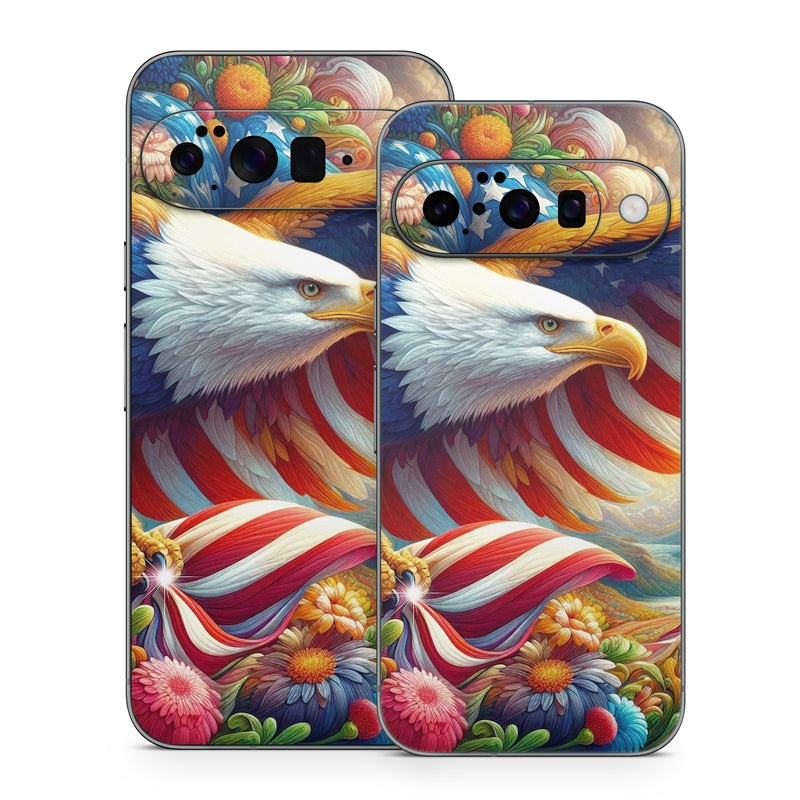 Google Pixel 10 Series Skin design of Bird, Accipitridae, Beak, Wing, Bald eagle, Bird of prey, Eagle, Flag of the United States, Accipitriformes, Painting, with red, blue, white, yellow, orange, brown, green, gray colors