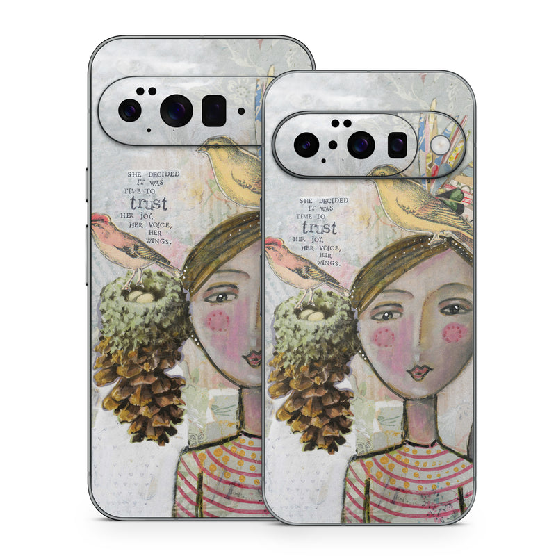 Google Pixel 10 Series Skin design of Watercolor paint, Illustration, Art, Painting, Child art, Fictional character, Visual arts, Fashion illustration, Feather, Drawing, with gray, brown, pink, yellow, red, green, blue colors