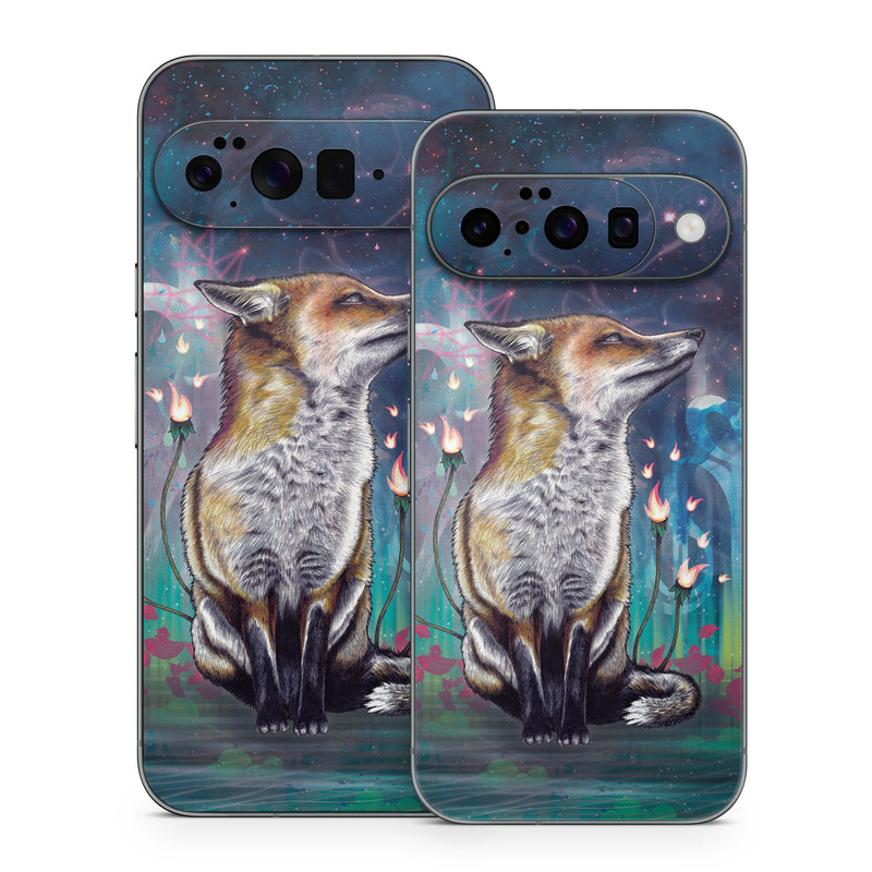 Google Pixel 10 Series Skin design of Red fox, Art, Wildlife, Canidae, Illustration, Fox, Carnivore, Painting, Dhole, Red wolf, with black, gray, blue, red, green colors