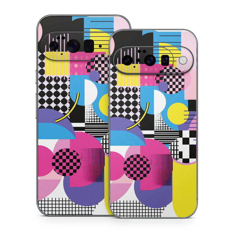 Google Pixel 10 Series Skin design of Rectangle, Textile, Art, Font, Line, Material property, Magenta, Pattern, Circle, Tints and shades, with pink, yellow, white, black, purple, blue colors