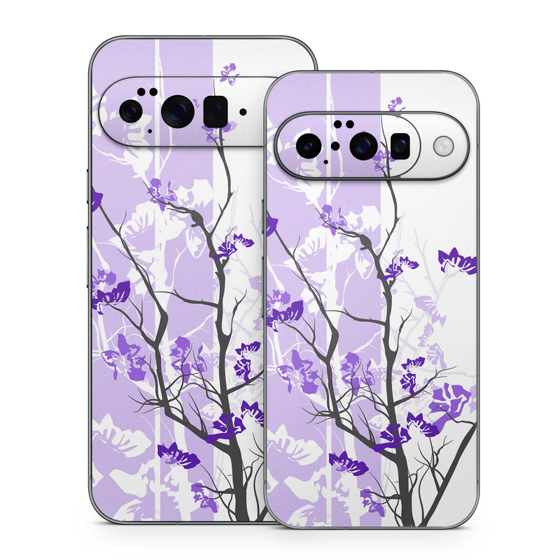 Google Pixel 10 Series Skin design of Branch, Purple, Violet, Lilac, Lavender, Plant, Twig, Flower, Tree, Wildflower, with white, purple, gray, pink, black colors
