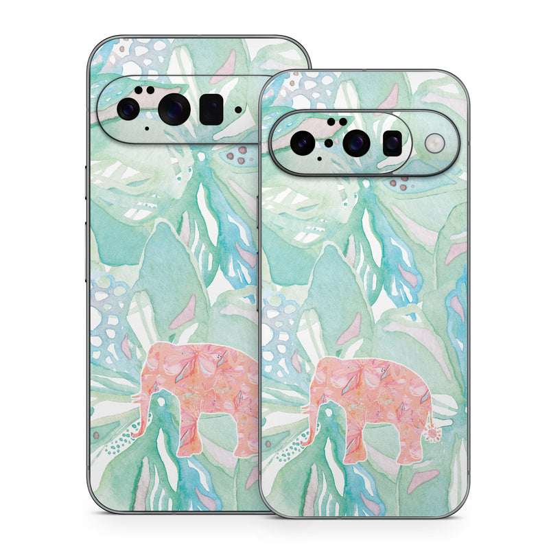 Google Pixel 10 Series Skin design of Aqua, Turquoise, Pattern, Wrapping paper, Design, Illustration, Plant, Gift wrapping, Art, with blue, pink, white, green colors