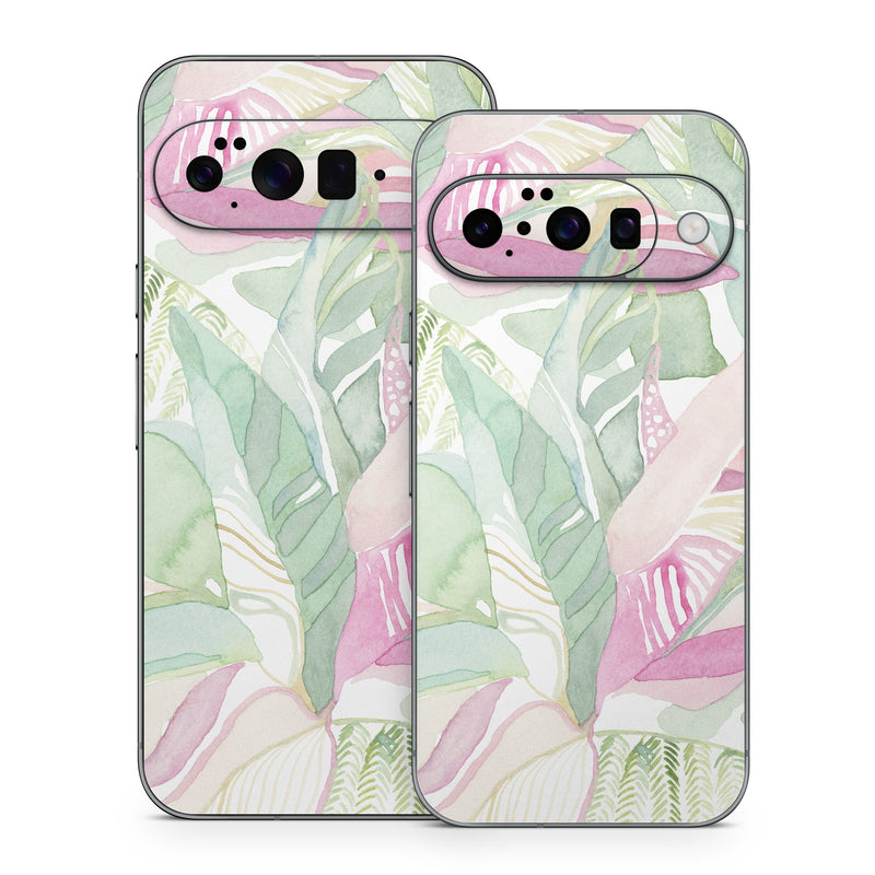 Google Pixel 10 Series Skin design of Pink, Leaf, Botany, Pattern, Plant, Flower, Illustration, with white, green, pink, orange colors
