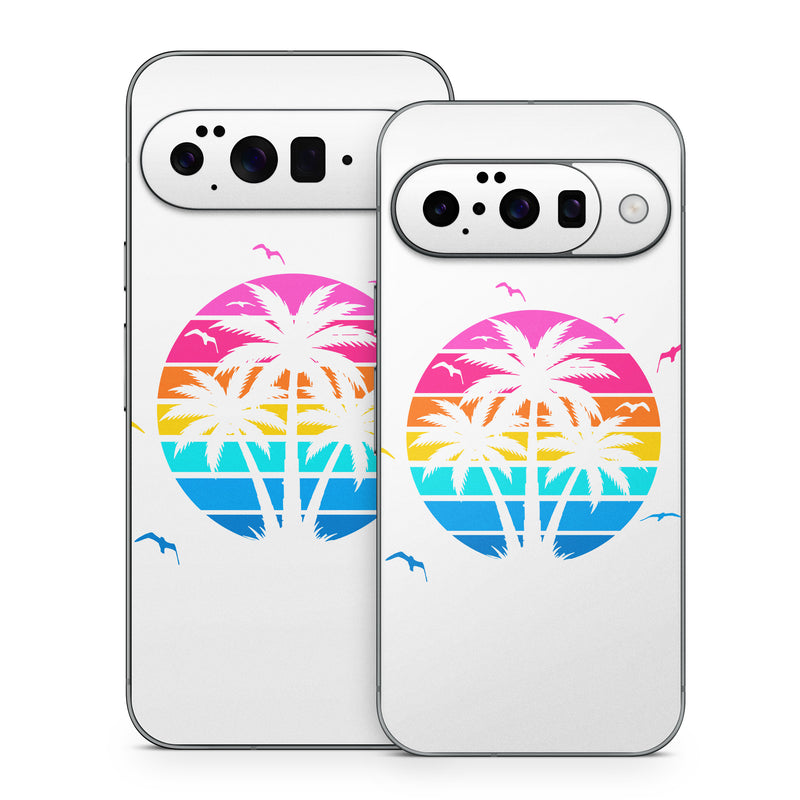 Google Pixel 10 Series Skin design of Palm trees, Graphics, Clip art, Graphic design, with white, pink, orange, yellow, blue colors