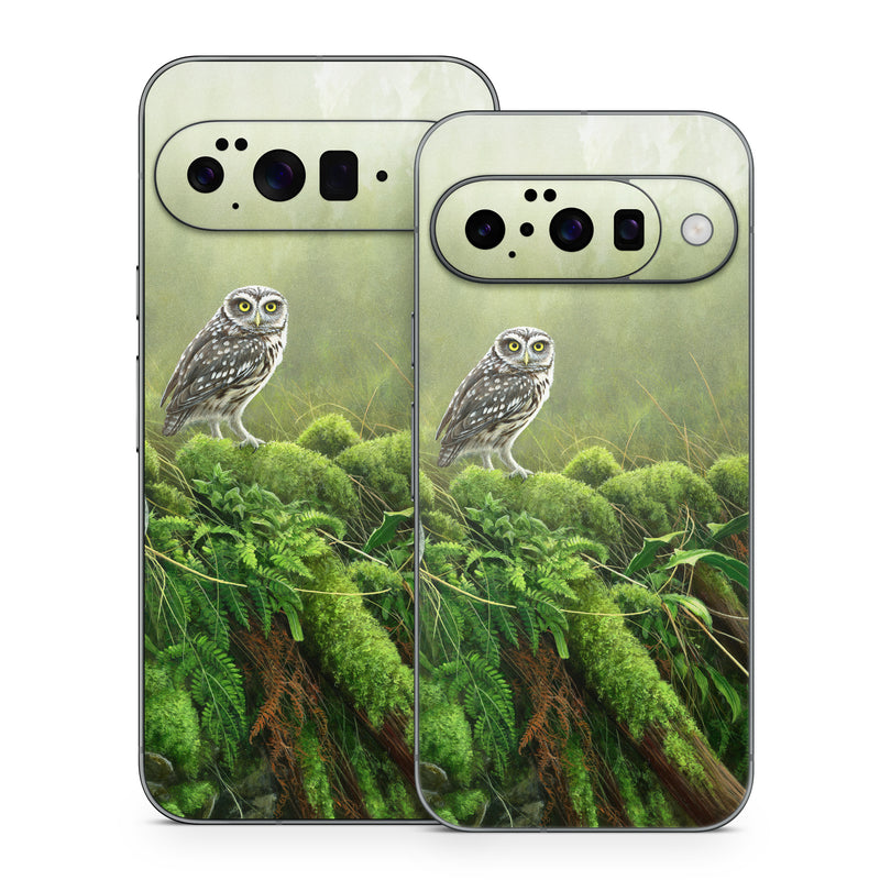 Google Pixel 10 Series Skin design of Nature, Owl, Bird, Bird of prey, great grey owl, Adaptation, Terrestrial plant, Wildlife, Plant, Organism, with brown, gray, green, white colors