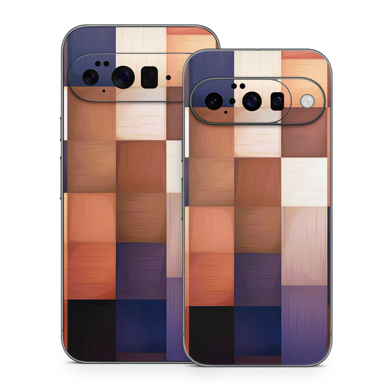 Google Pixel 10 Series Skin design of Brown, Light, Rectangle, Product, Wood, Blue, Orange, Amber, Textile, Wood stain, with yellow, orange, red, black, brown, blue, purple colors