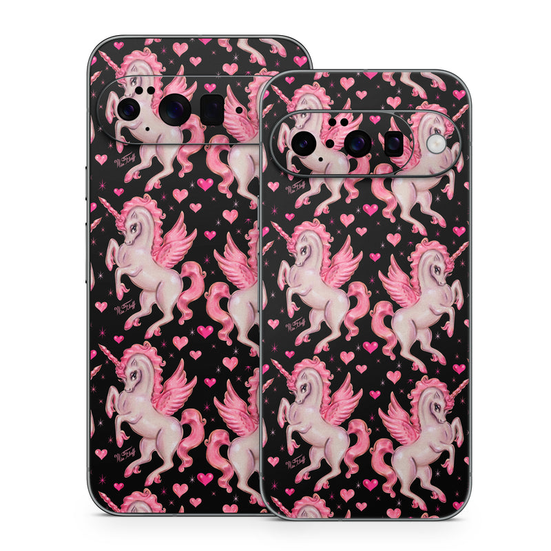 Google Pixel 10 Series Skin design of Pink, Pattern, Fictional character, Design, Illustration, Font, Unicorn, Graphic design, Mythical creature, Art, with black, pink colors
