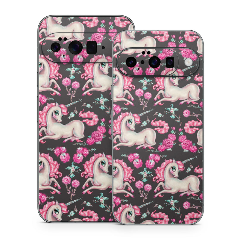 Google Pixel 10 Series Skin design of Pink, Horse, Pony, Fictional character, Unicorn, Mythical creature, Mane, Textile, Animal figure, Illustration, with white, pink, blue, black, red colors