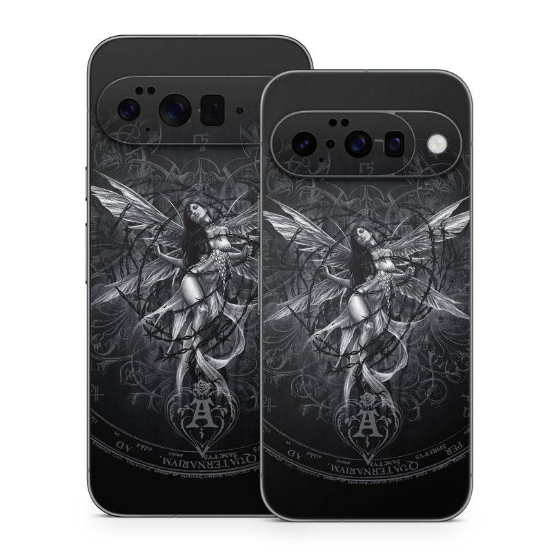 Google Pixel 10 Series Skin design of Illustration, Graphic design, Darkness, Fictional character, Black-and-white, Pattern, Graphics, Mythical creature, Circle, Wing, with black, white colors