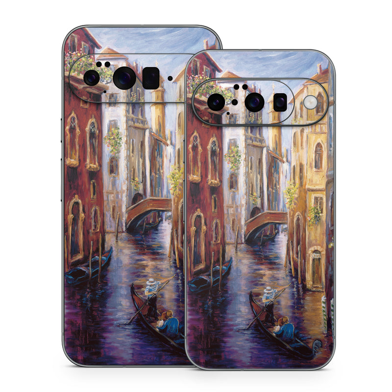 Google Pixel 10 Series Skin design of Painting, Watercolor paint, Waterway, Gondola, Canal, Art, Modern art, Acrylic paint, Visual arts, Building, with black, gray, red, green, blue, pink colors
