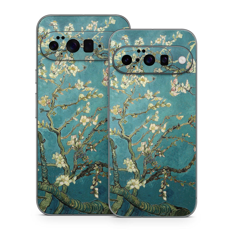 Google Pixel 10 Series Skin design of Tree, Branch, Plant, Flower, Blossom, Spring, Woody plant, Perennial plant, with blue, black, gray, green colors