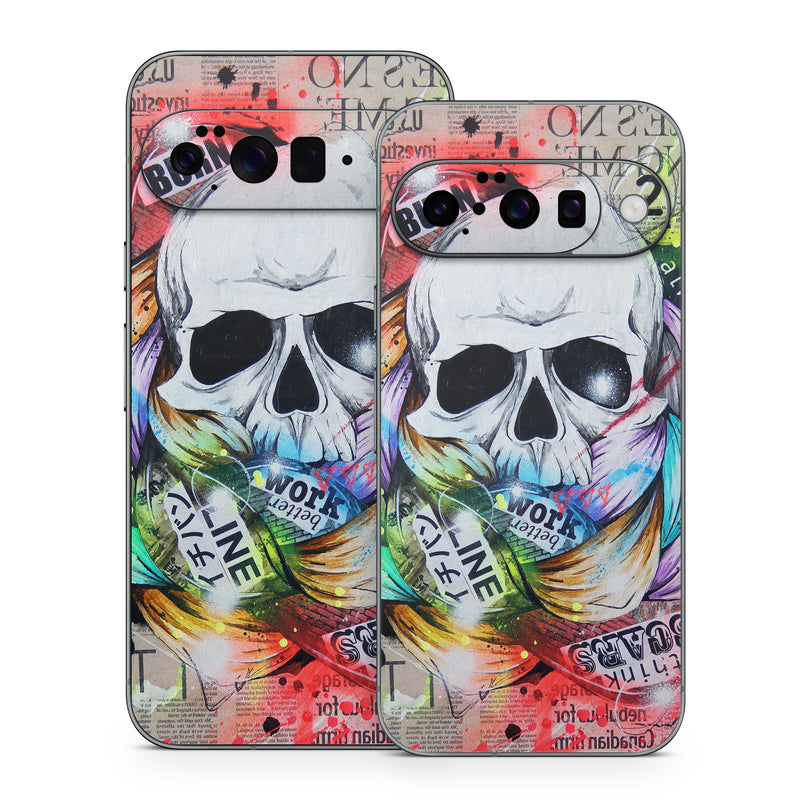 Google Pixel 10 Series Skin design of Street art, Text, Graphic design, Font, Illustration, Art, Graffiti, Skull, Poster, Advertising, with gray, black, red, green, blue colors