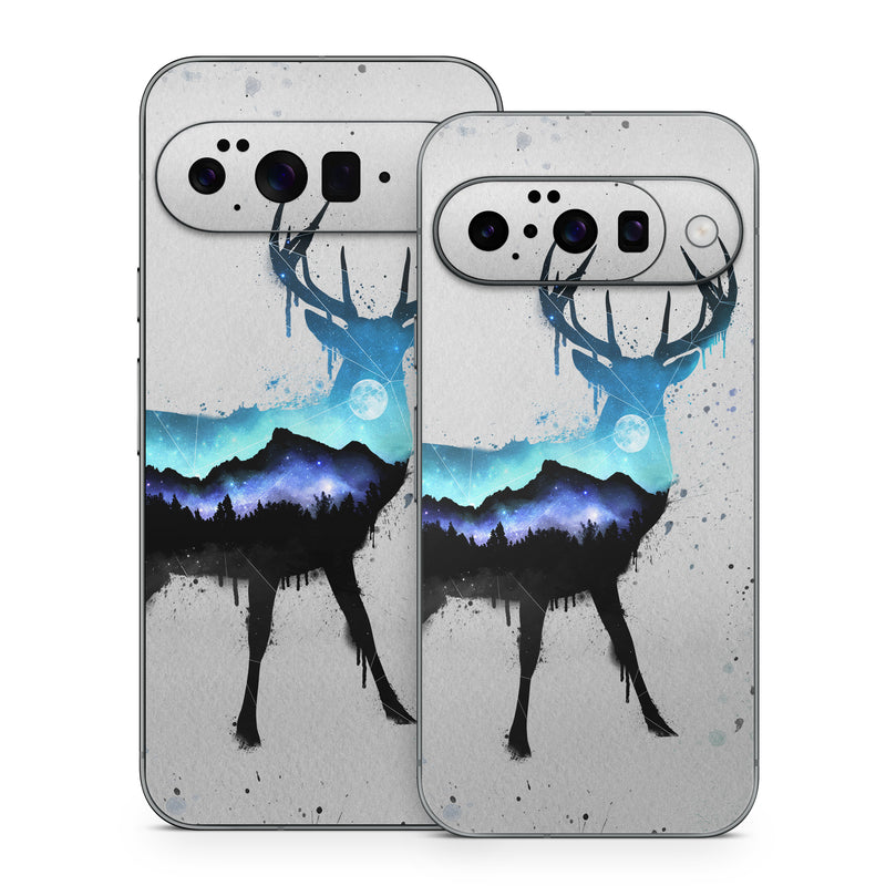 Google Pixel 10 Series Skin design of Reindeer, Deer, Illustration, Watercolor paint, Art, Elk, Wildlife, Drawing, Paint, Graphics, with gray, black, blue, purple, white colors